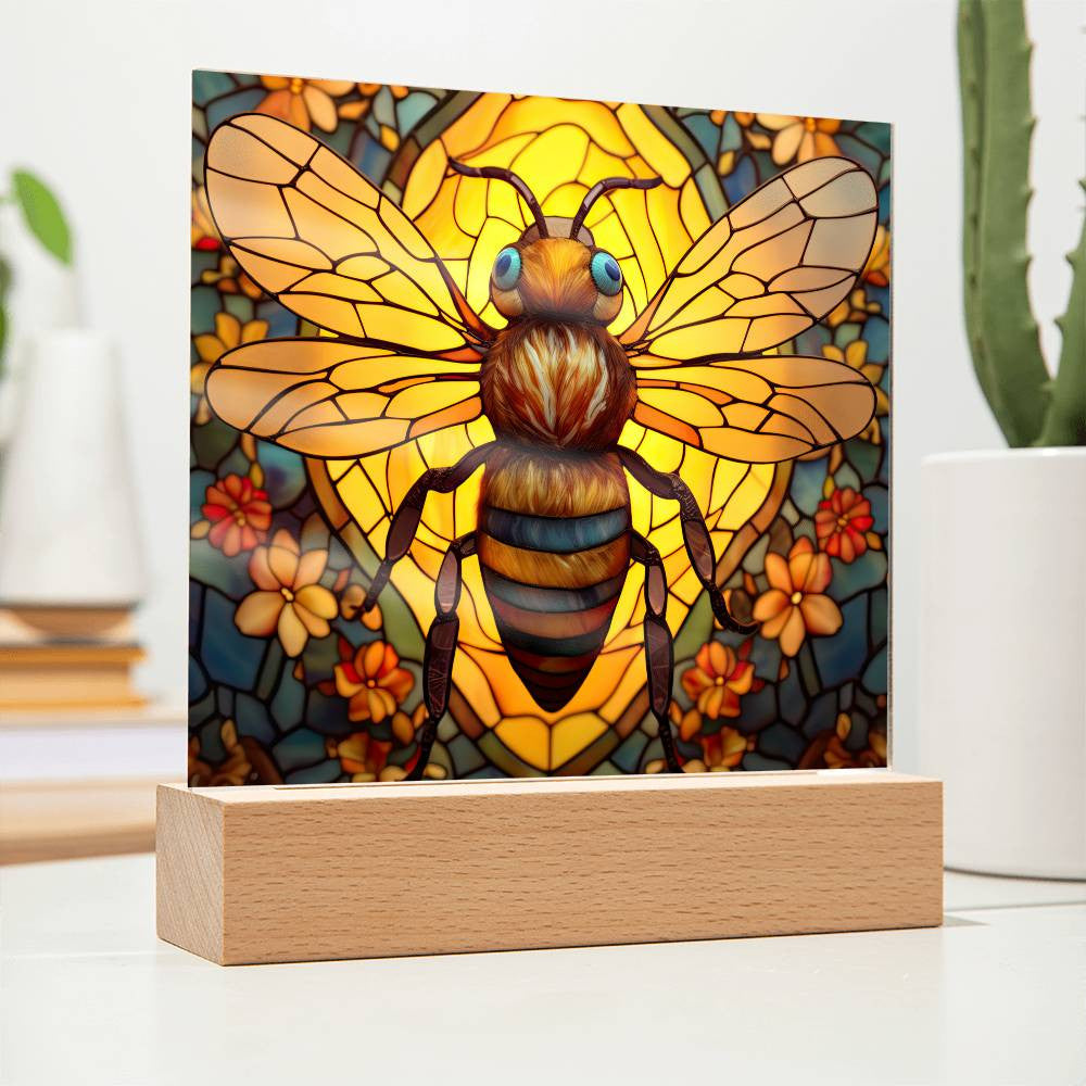 Honey Bee Stained Glass Style Acrylic Square Plaque