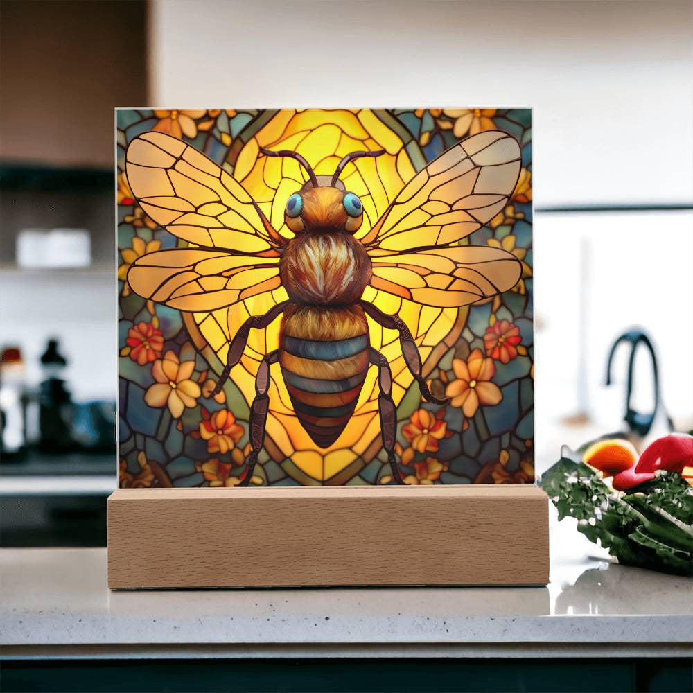 Honey Bee Stained Glass Style Acrylic Square Plaque