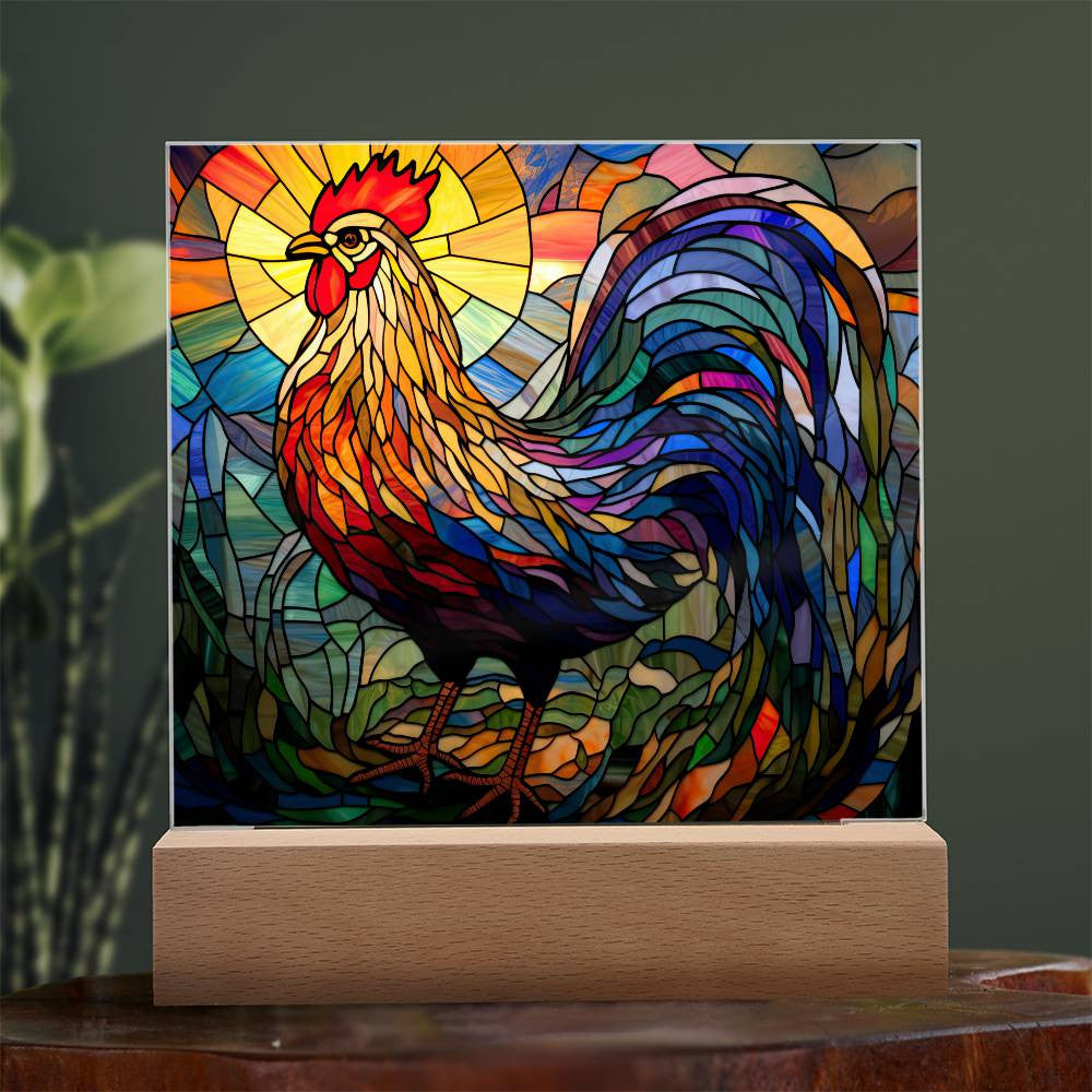 Rooster Stained Glass Style Acrylic Square Plaque