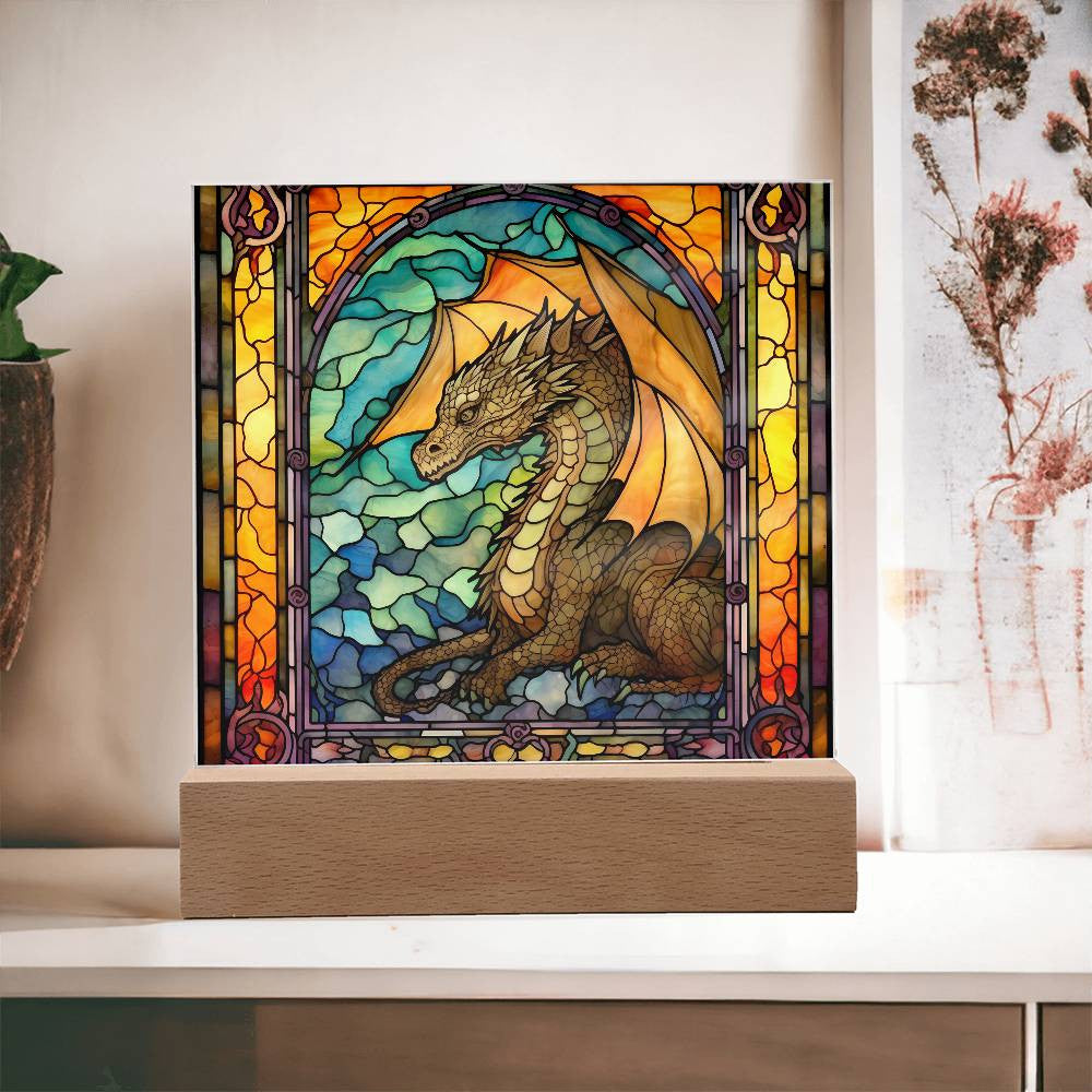 Stained Glass Mythical Dragon Plaque and LED Light