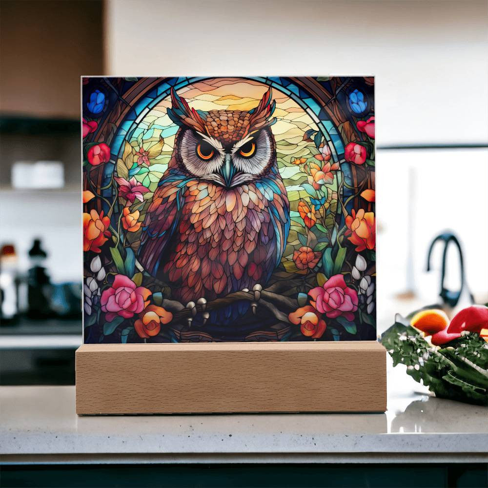 Owl Stained Glass Style Acrylic Square Plaque