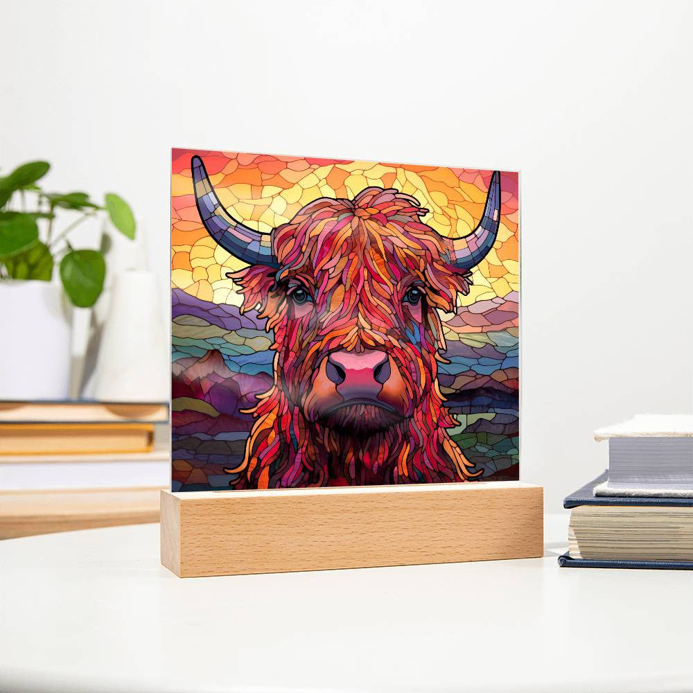 Highland Cow Stained Glass Style Acrylic Square Plaque