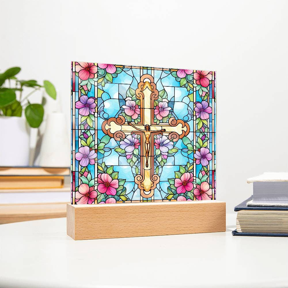 Stained Glass Jesus on the Cross Plaque