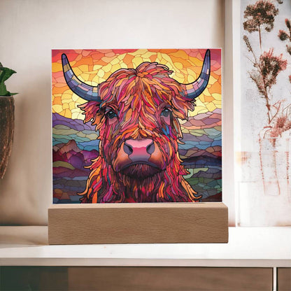 Highland Cow Stained Glass Style Acrylic Square Plaque