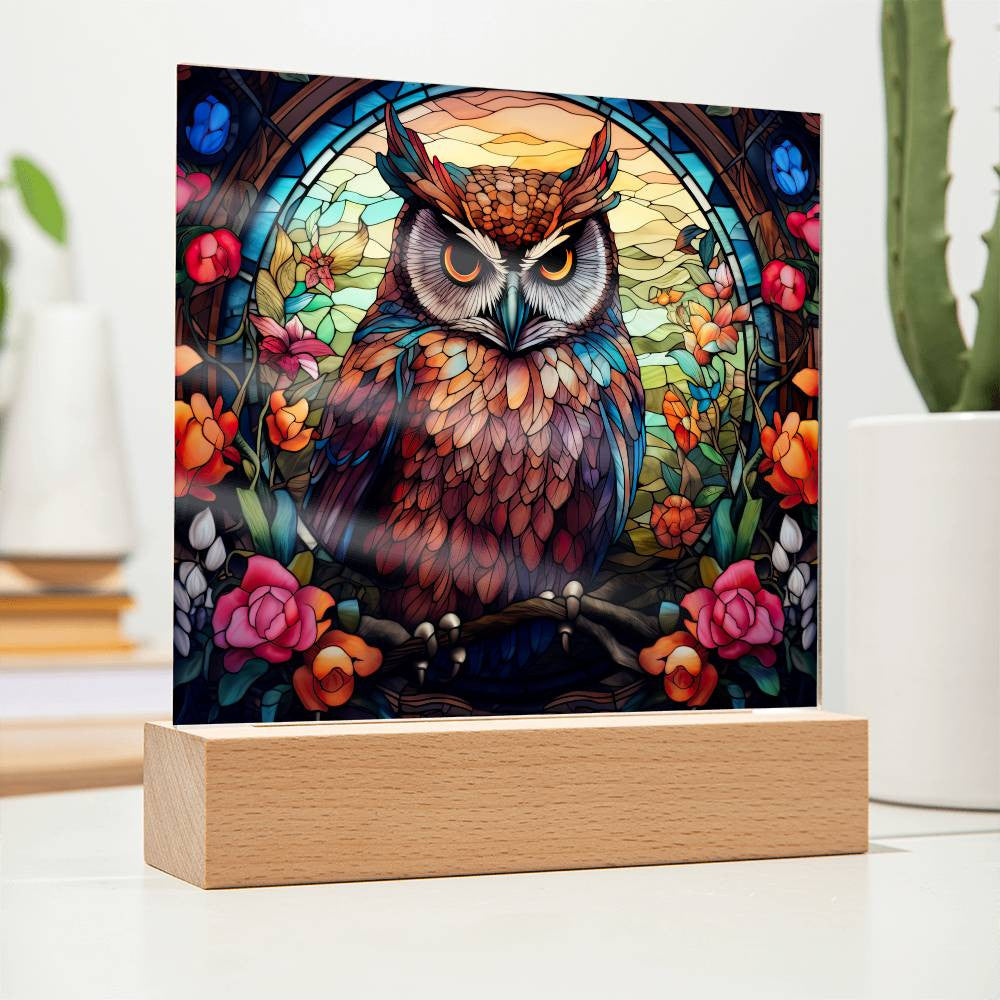 Owl Stained Glass Style Acrylic Square Plaque