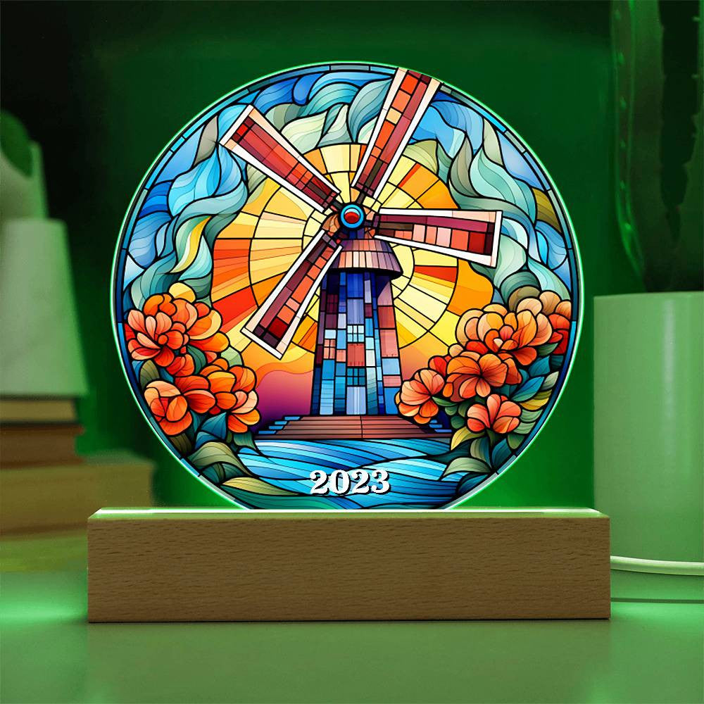 Stained Glass Windmill Acrylic Circle Plaque