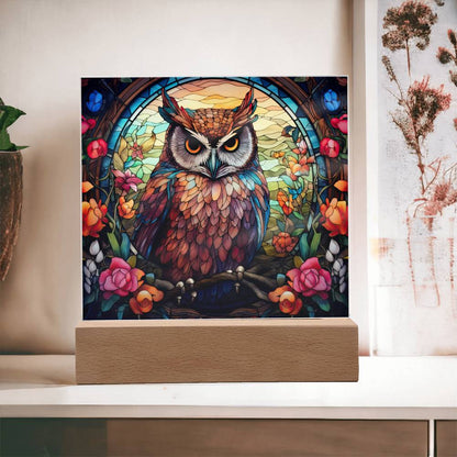 Owl Stained Glass Style Acrylic Square Plaque