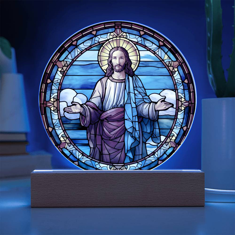 Jesus Statue Stained Glass Look Plaque