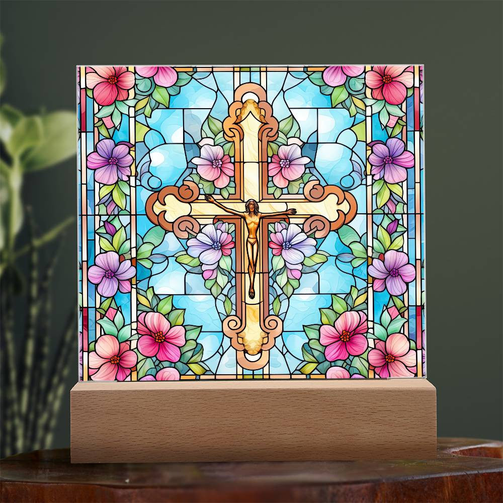 Stained Glass Jesus on the Cross Plaque