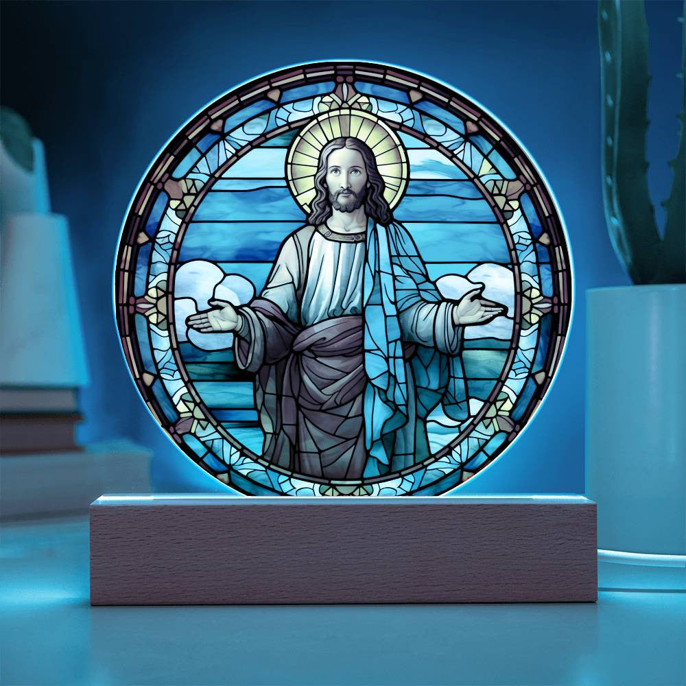 Jesus Statue Stained Glass Look Plaque