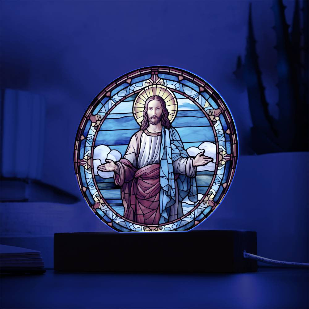 Jesus Statue Stained Glass Look Plaque