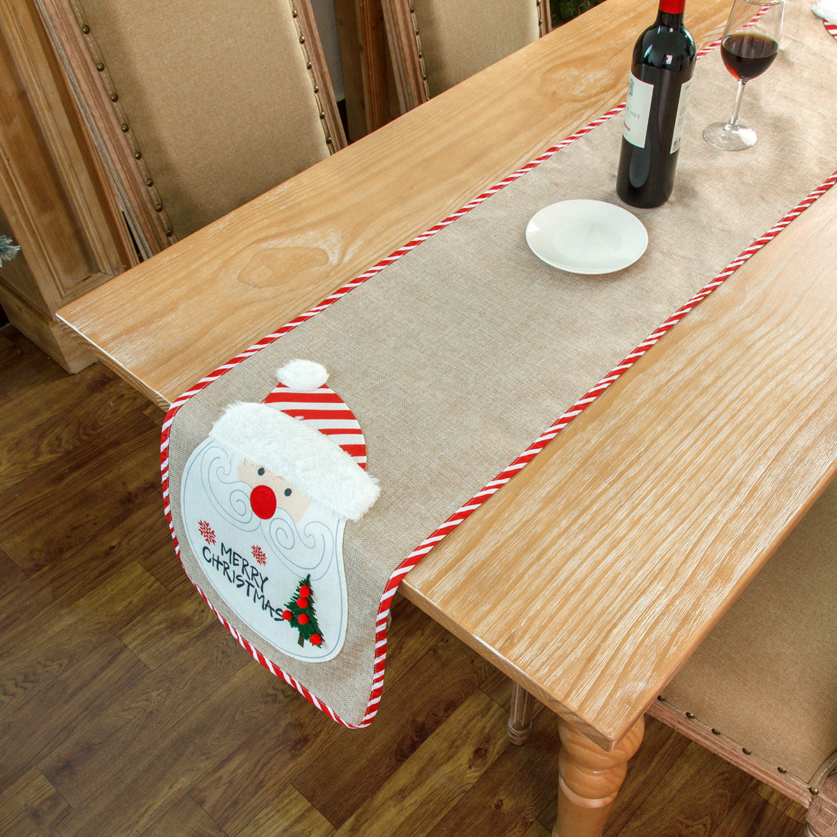 Linen Cartoon Santa Claus Table Runner