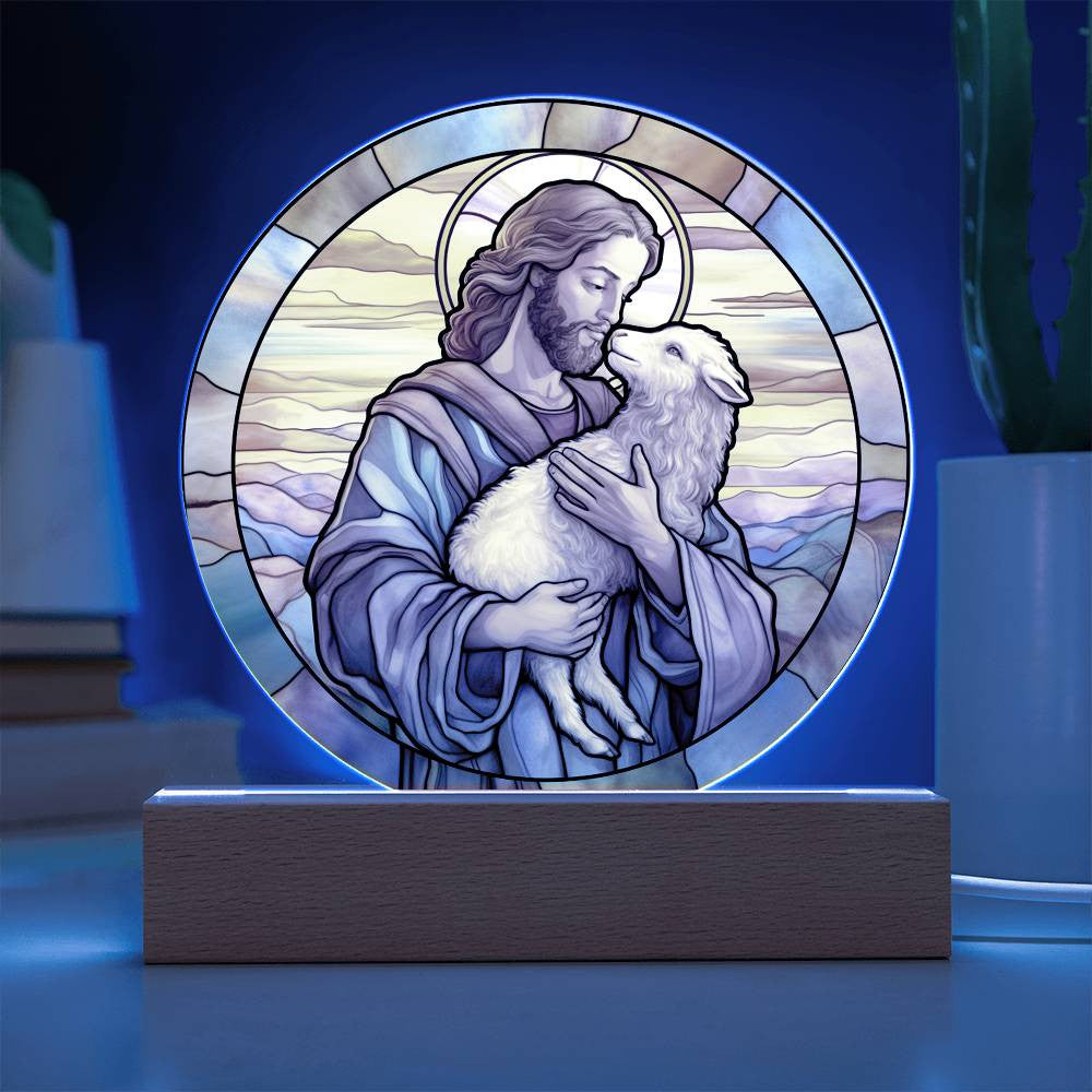 Jesus and His Sheep Stained Glass Style Plaque