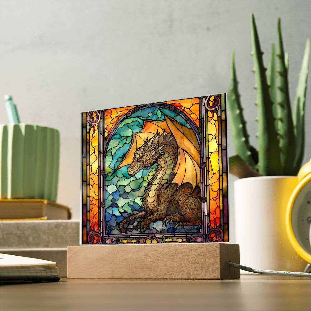 Stained Glass Mythical Dragon Plaque and LED Light