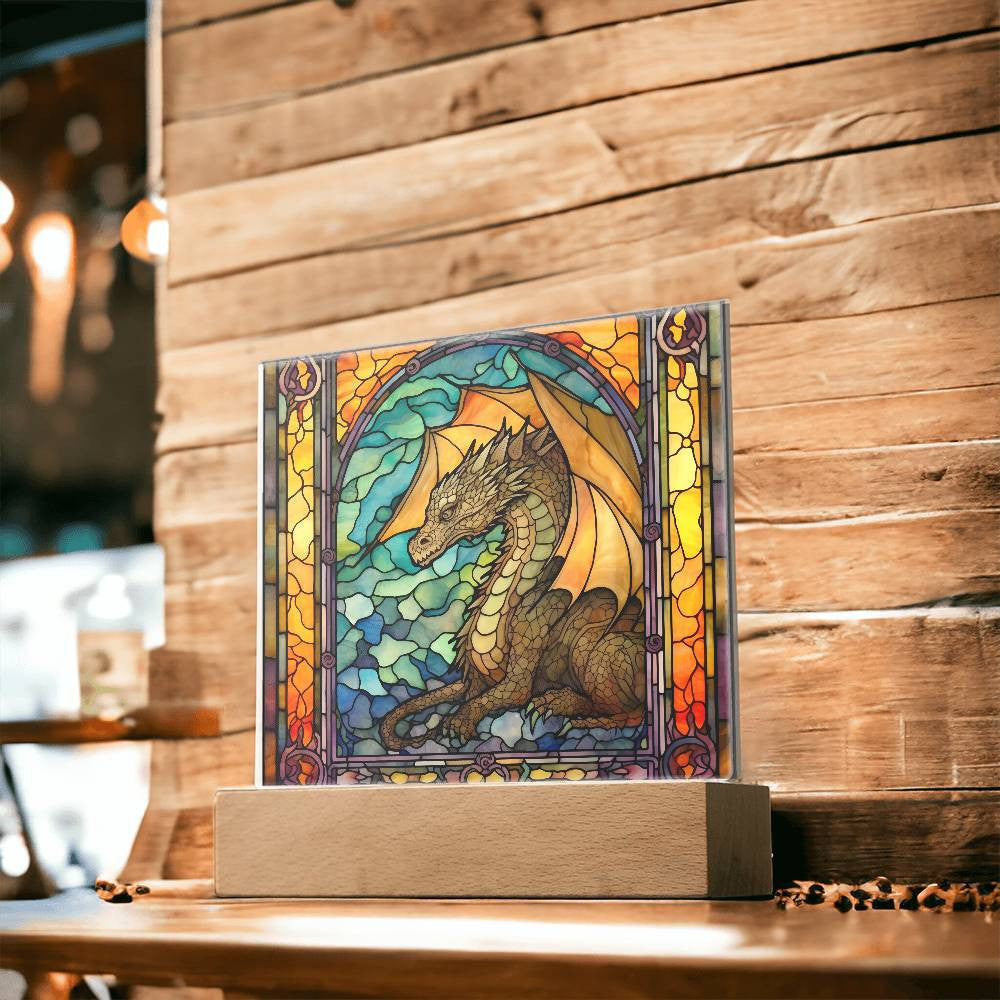 Stained Glass Mythical Dragon Plaque and LED Light