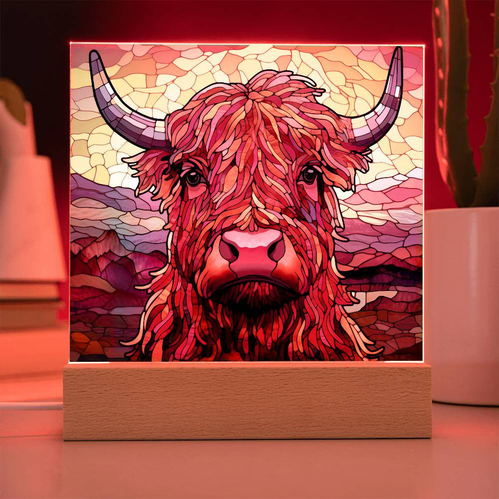 Highland Cow Stained Glass Style Acrylic Square Plaque