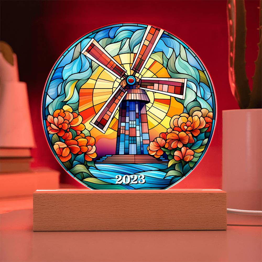 Stained Glass Windmill Acrylic Circle Plaque