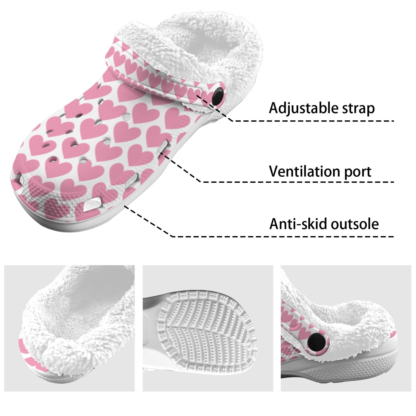 Pink Heart Fleece Lined Adult Clogs