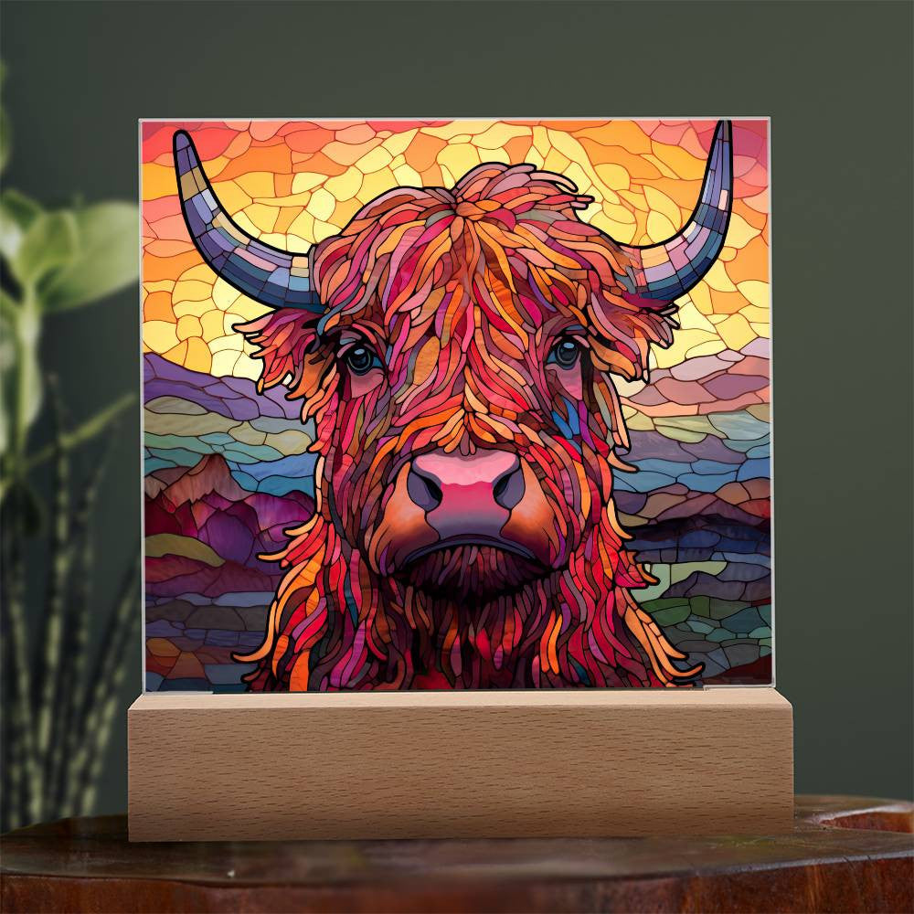 Highland Cow Stained Glass Style Acrylic Square Plaque