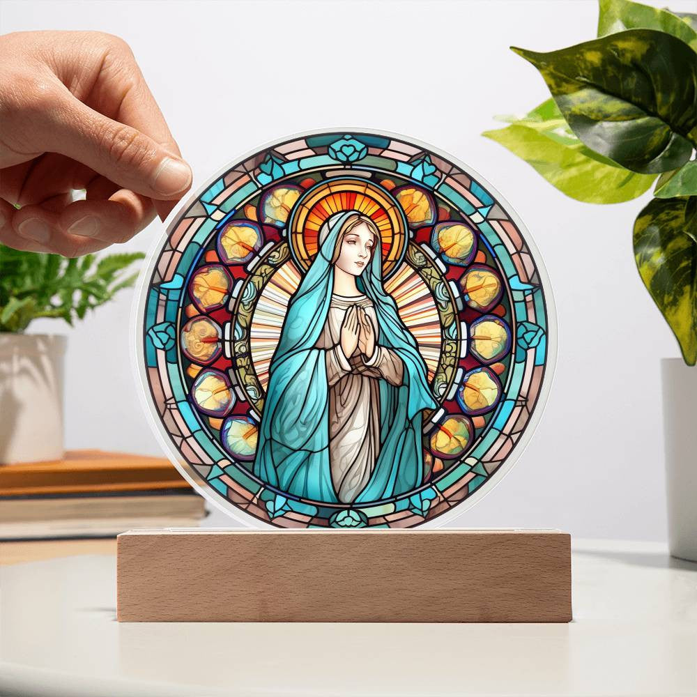 Traditional Catholic Blessed Virgin Mary Stained Glass Style Plaque