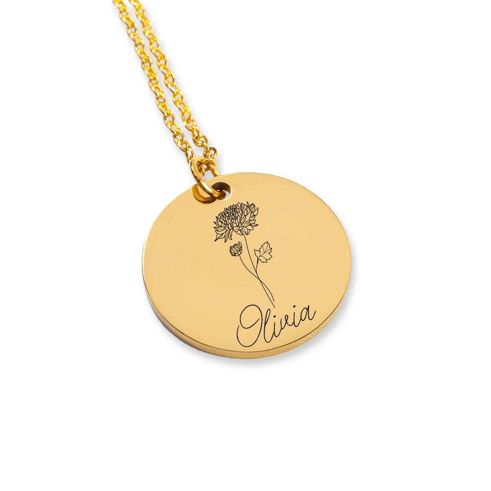 Name & Birth Flower Round Necklace