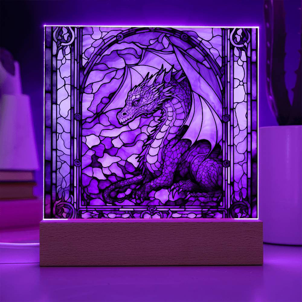 Stained Glass Mythical Dragon Plaque and LED Light