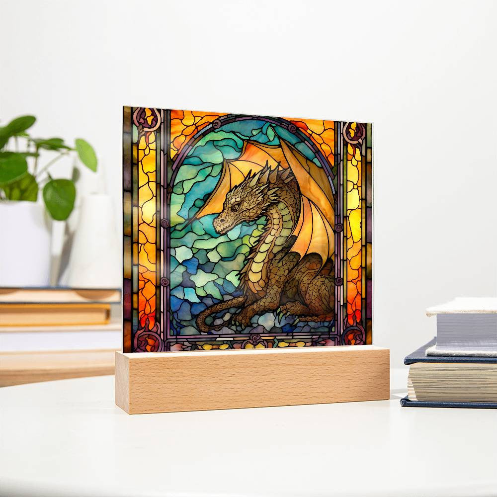 Stained Glass Mythical Dragon Plaque and LED Light