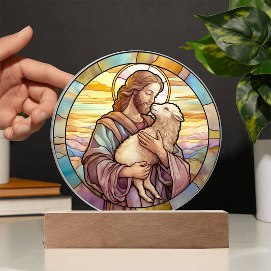 Jesus and His Sheep Stained Glass Style Plaque