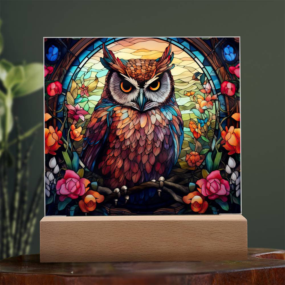 Owl Stained Glass Style Acrylic Square Plaque