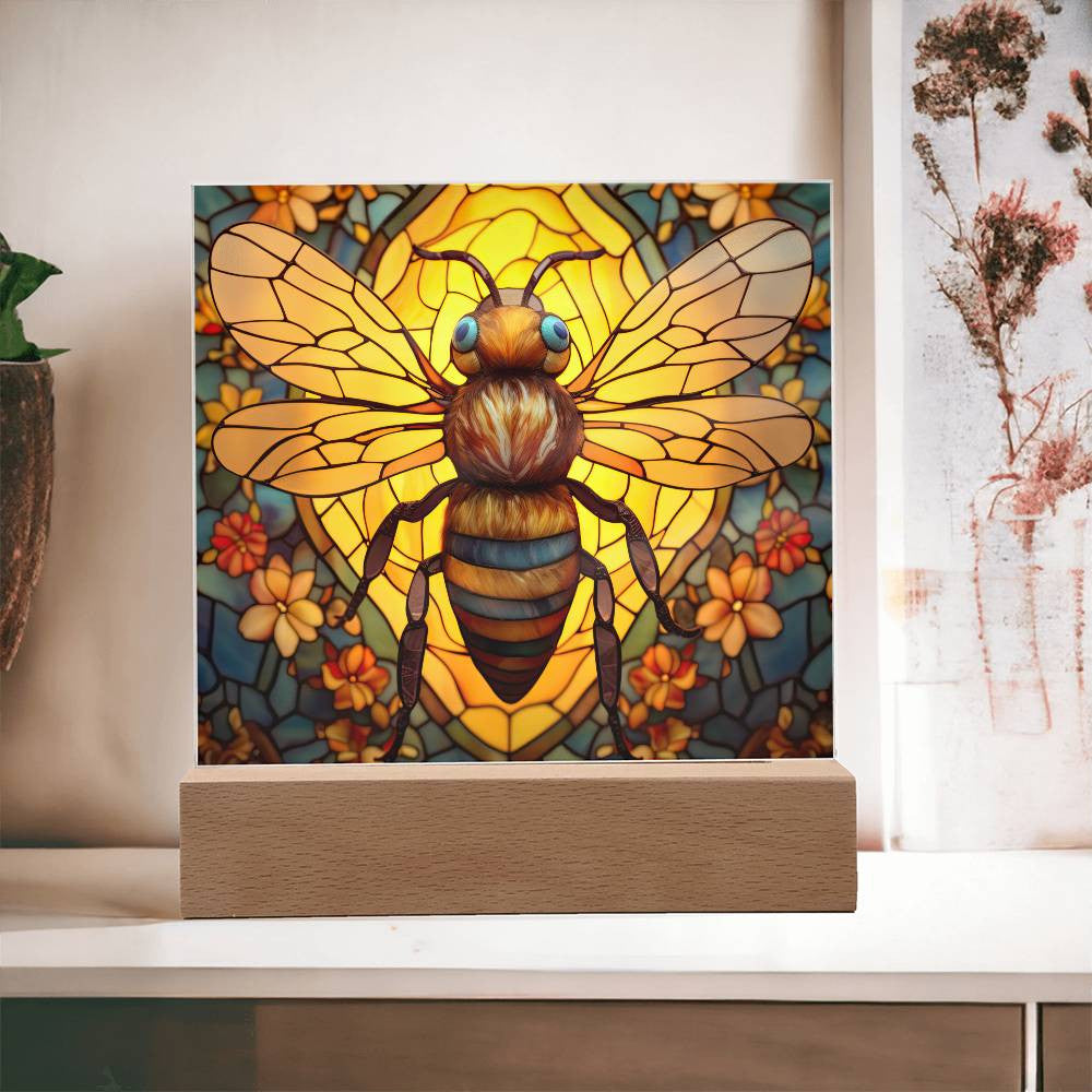 Honey Bee Stained Glass Style Acrylic Square Plaque