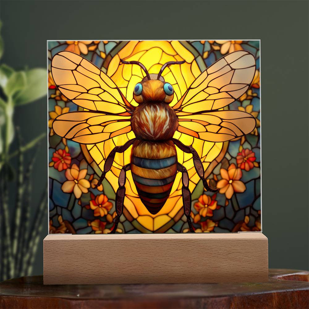 Honey Bee Stained Glass Style Acrylic Square Plaque