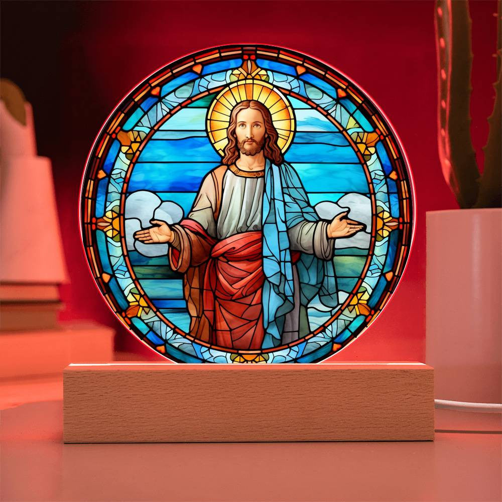 Jesus Statue Stained Glass Look Plaque