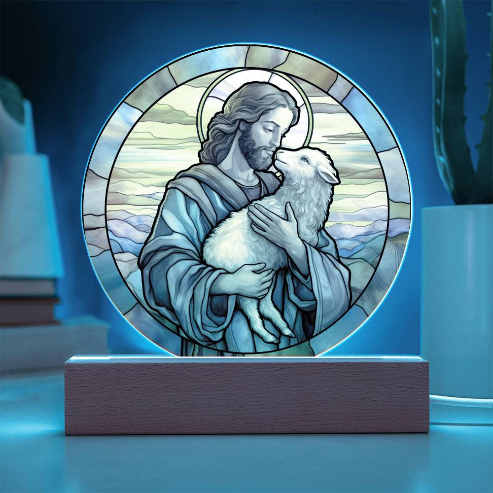 Jesus and His Sheep Stained Glass Style Plaque