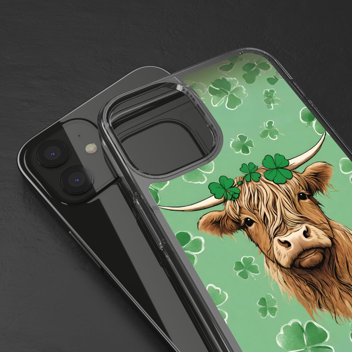 Higland Cow Shamrock Clear Phone Case - iPhone 12 Mini - iPhone 13 Pro Max, Samsung s21 - Samsung s21 Ultra