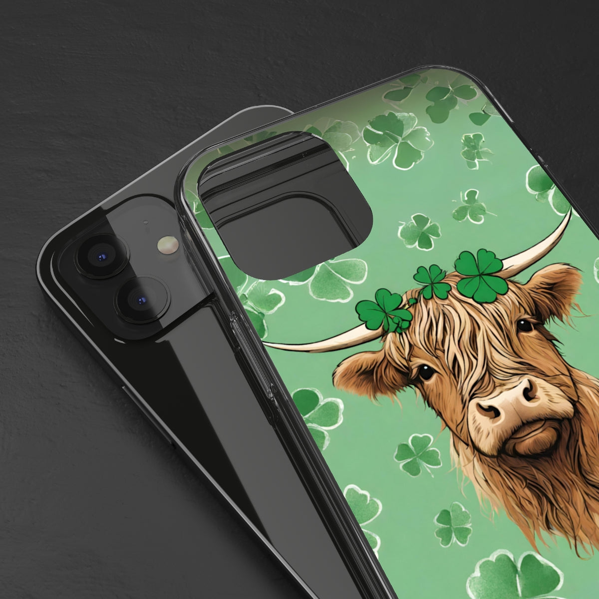 Higland Cow Shamrock Clear Phone Case - iPhone 12 Mini - iPhone 13 Pro Max, Samsung s21 - Samsung s21 Ultra