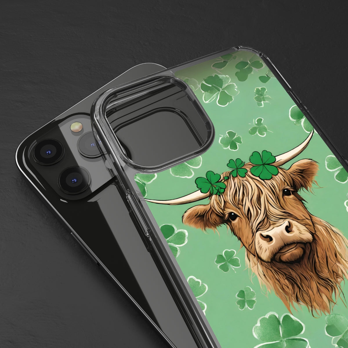 Higland Cow Shamrock Clear Phone Case - iPhone 12 Mini - iPhone 13 Pro Max, Samsung s21 - Samsung s21 Ultra