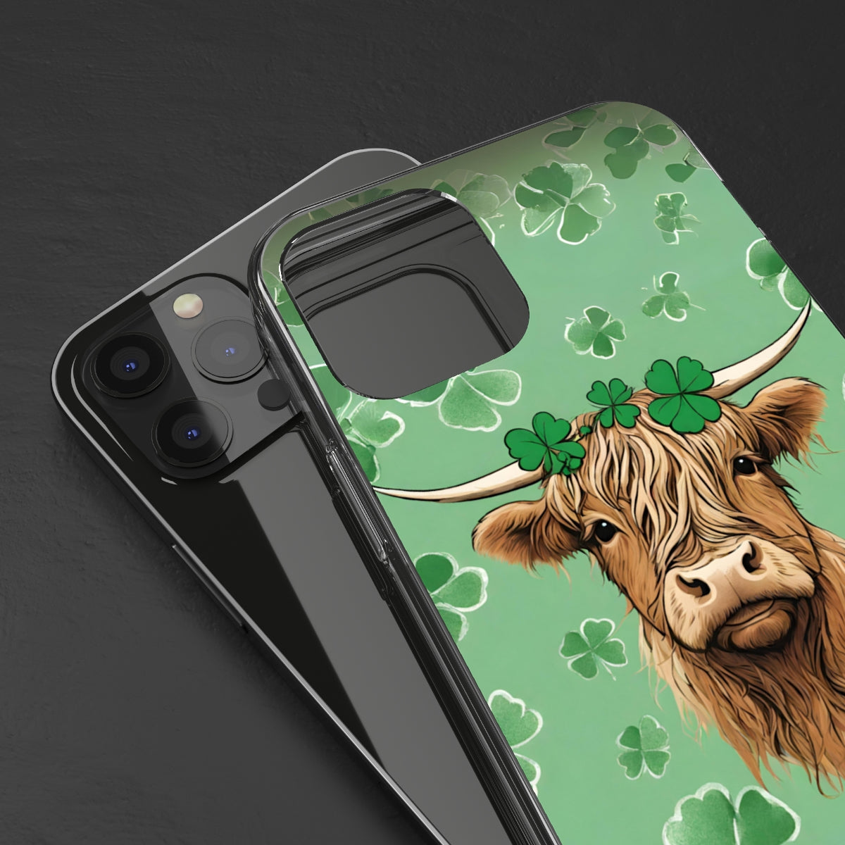 Higland Cow Shamrock Clear Phone Case - iPhone 12 Mini - iPhone 13 Pro Max, Samsung s21 - Samsung s21 Ultra