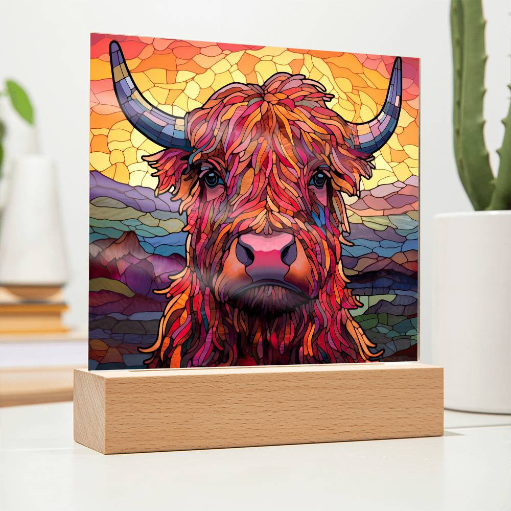 Highland Cow Stained Glass Style Acrylic Square Plaque