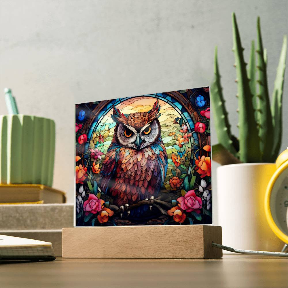 Owl Stained Glass Style Acrylic Square Plaque