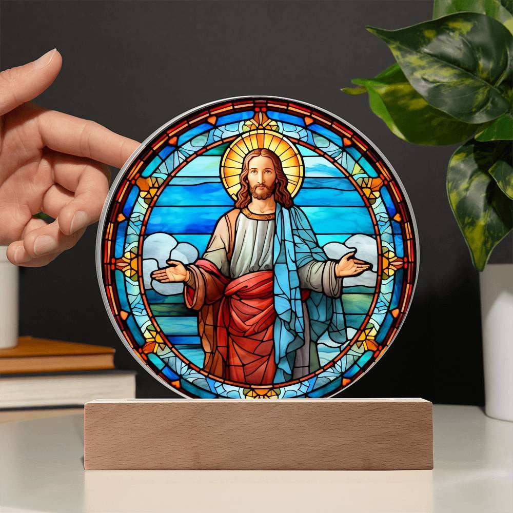 Jesus Statue Stained Glass Look Plaque