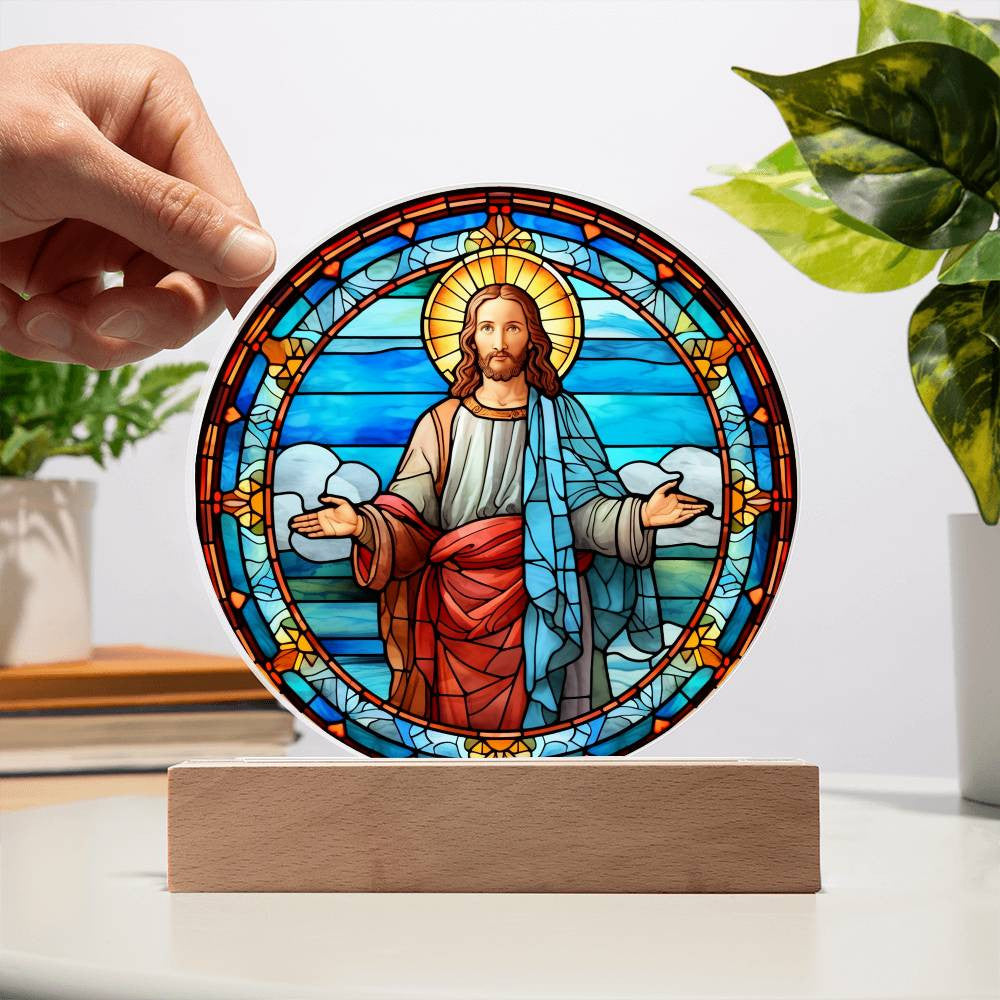 Jesus Statue Stained Glass Look Plaque