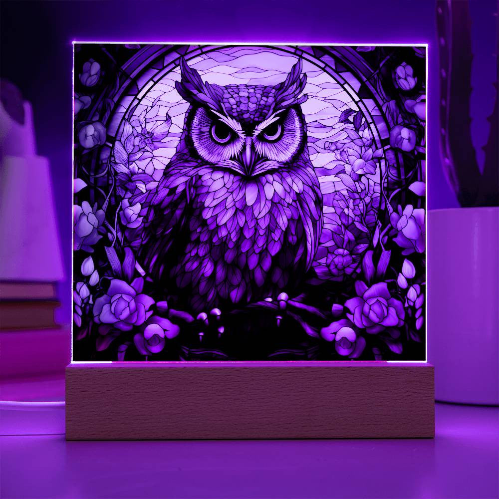 Owl Stained Glass Style Acrylic Square Plaque