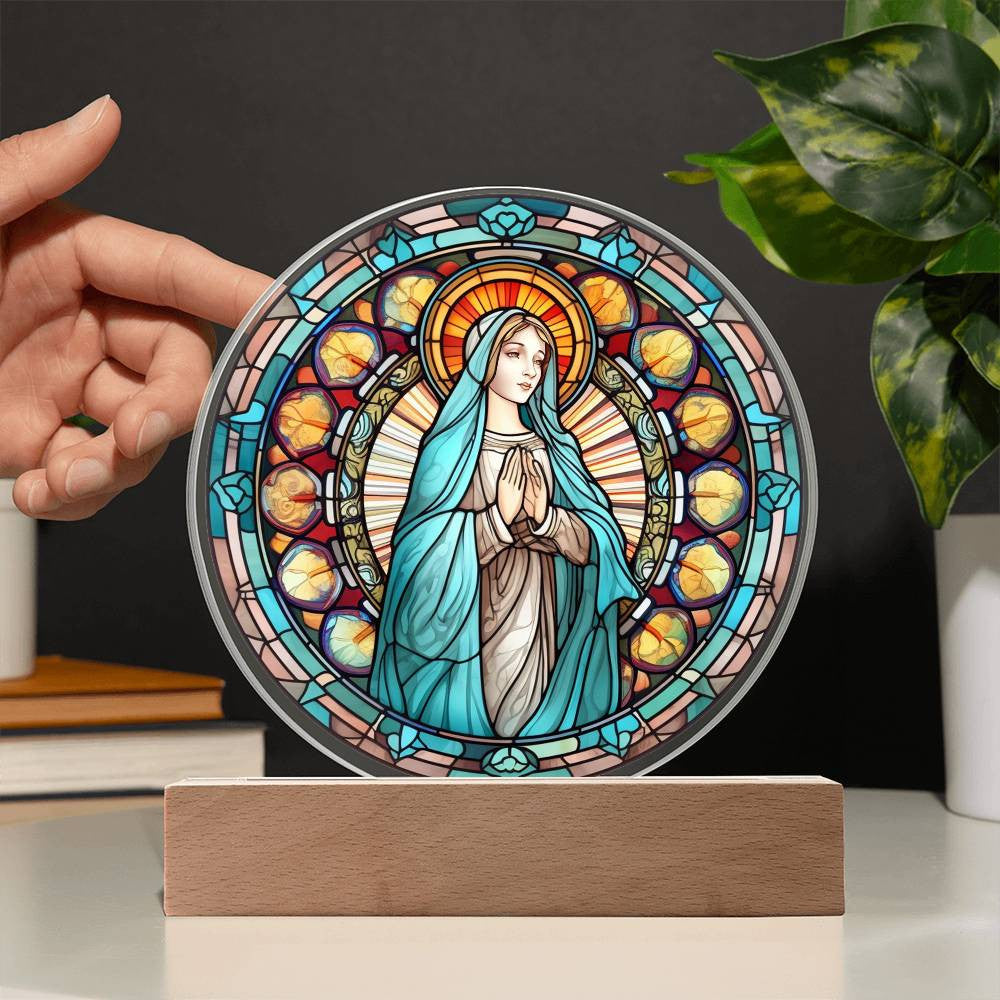 Traditional Catholic Blessed Virgin Mary Stained Glass Style Plaque