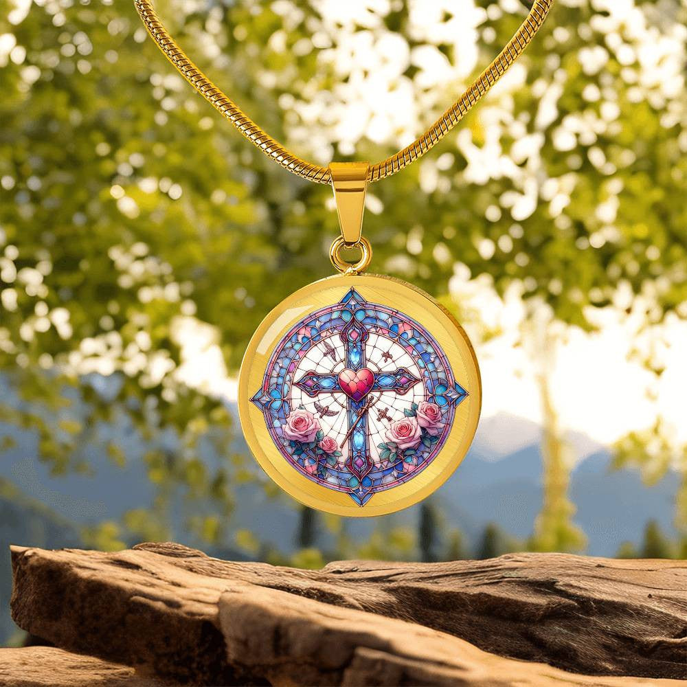 Stained Glass Look Sacred Heart Cross Necklace