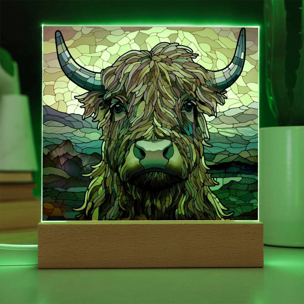 Highland Cow Stained Glass Style Acrylic Square Plaque