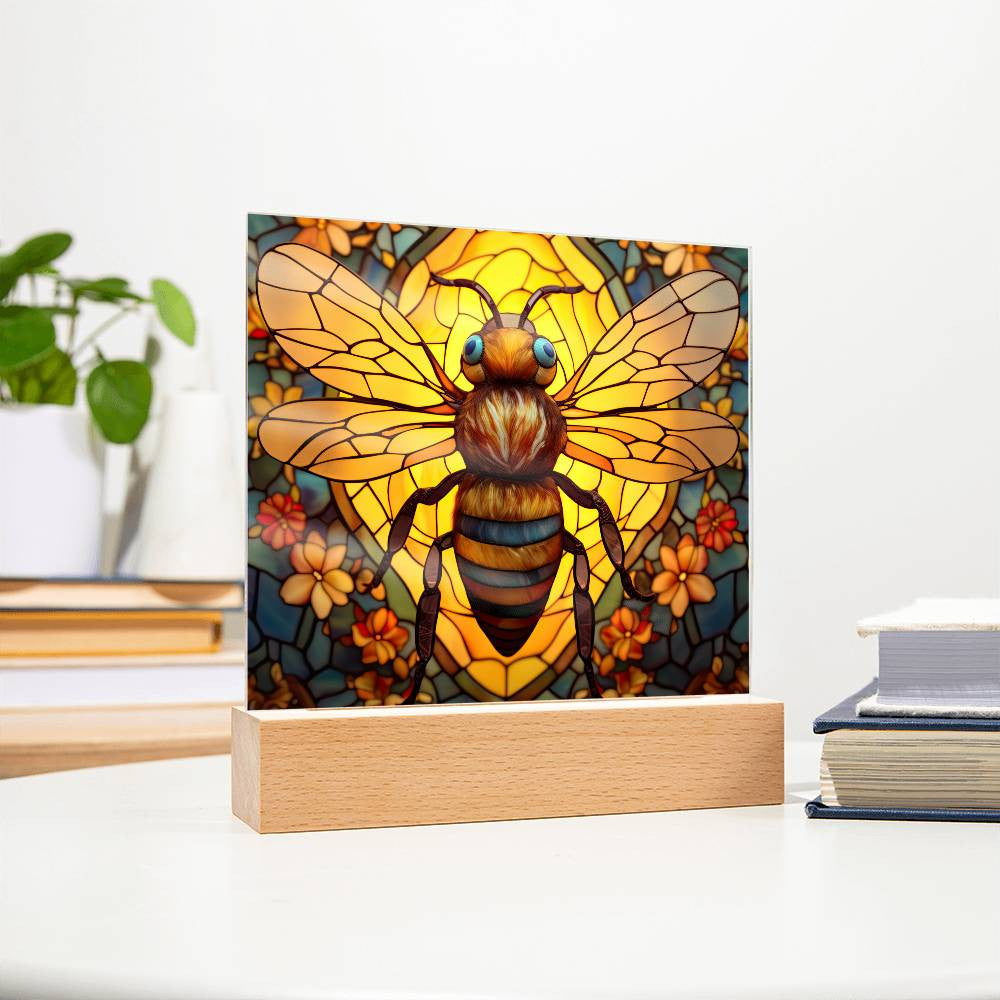 Honey Bee Stained Glass Style Acrylic Square Plaque