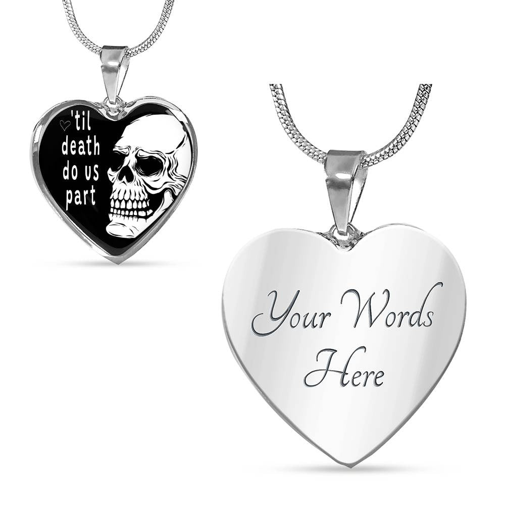 Couples Skull Heart with Names Engraved on Back of Pendant Necklace