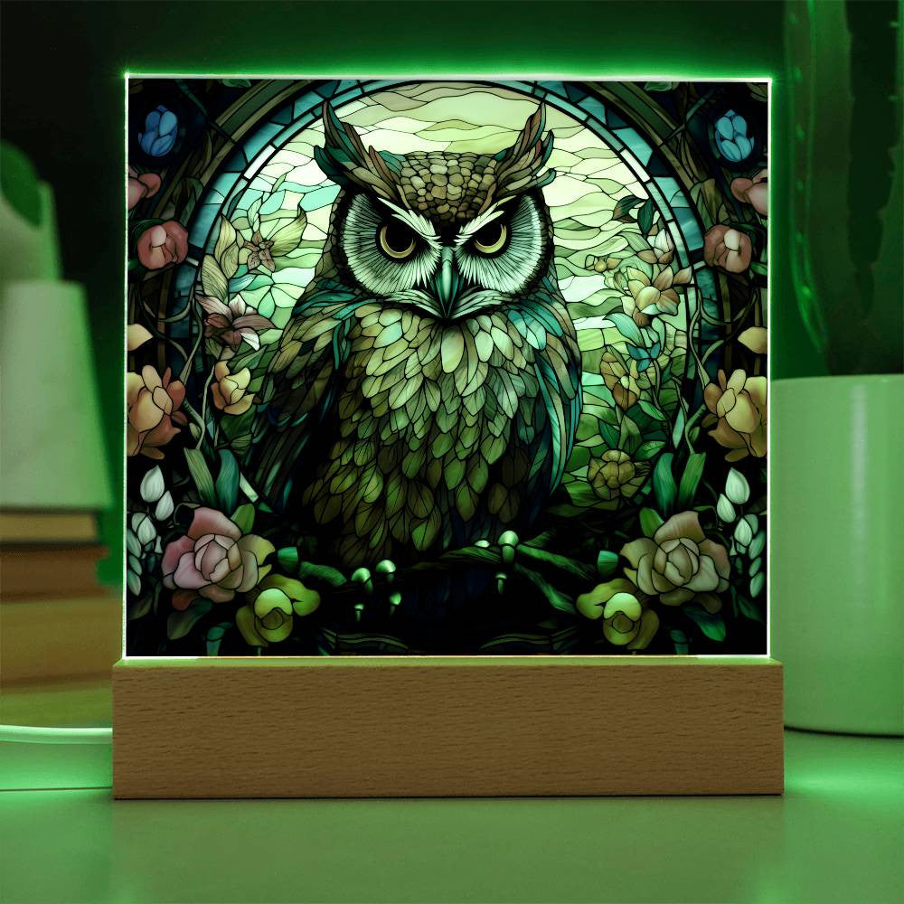 Owl Stained Glass Style Acrylic Square Plaque