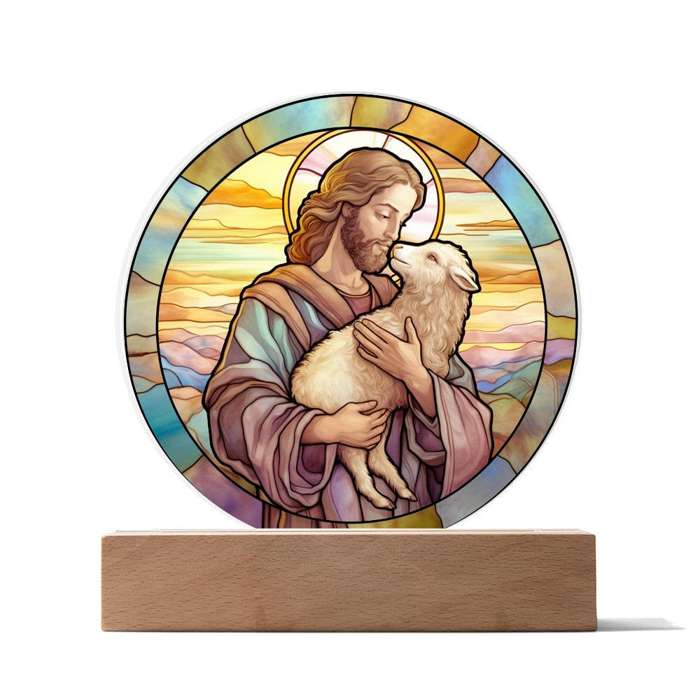 Jesus and His Sheep Stained Glass Style Plaque