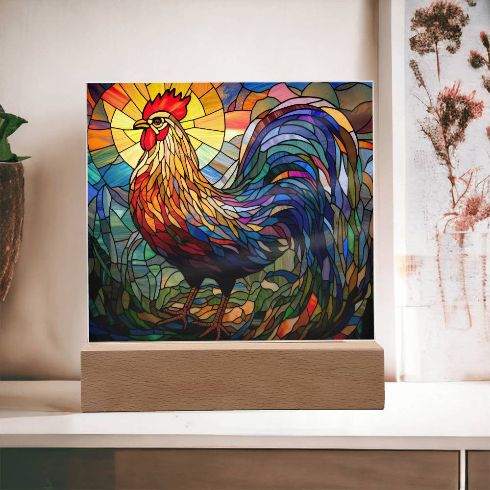 Rooster Stained Glass Style Acrylic Square Plaque